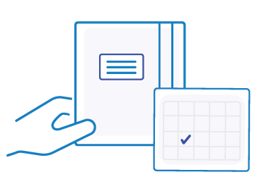 Illustration of a booklet and calendar with a checkmarked date